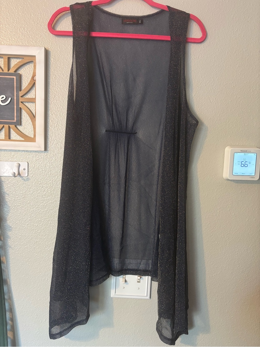 Vessos XXL Black Silver Metallic Sparkly Sheer Open Front Duster Vest Cardigan